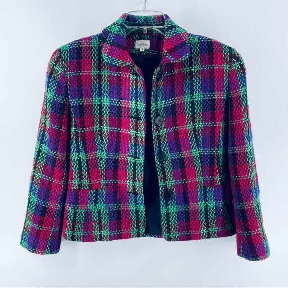 Neiman Marcus Vintage Wool Tweed Woven Purple, Pink & Green Blazer Jacket Size 8 - Picture 2 of 11